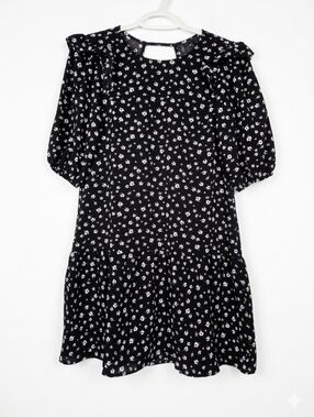 ​Divided H&M Ditsy Floral Ruffle Shoulder Puff Sleeve Mini Dress Black White